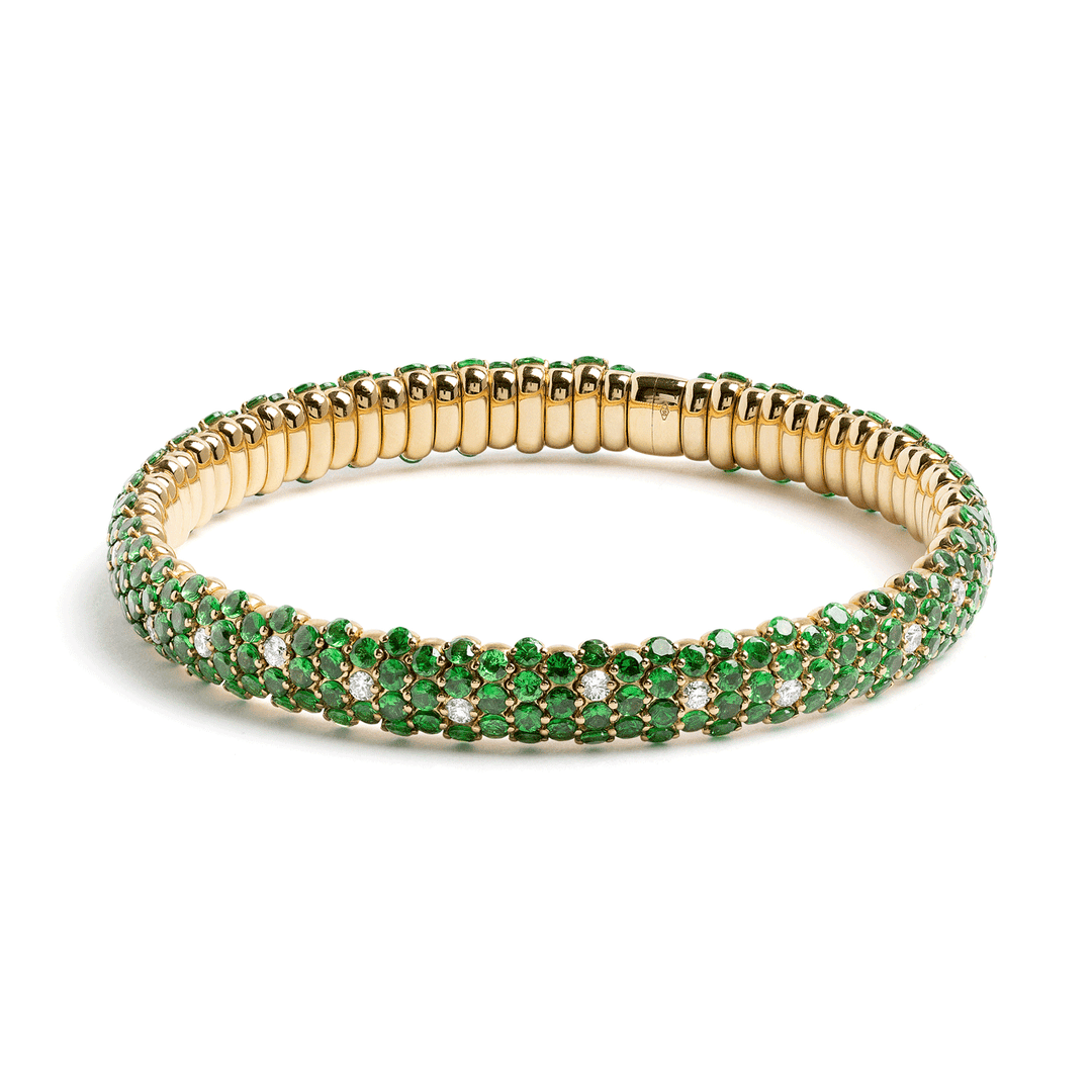 18k Gold Stretch 12.41 Total Weigh Tsavorite and Diamond Bracelet