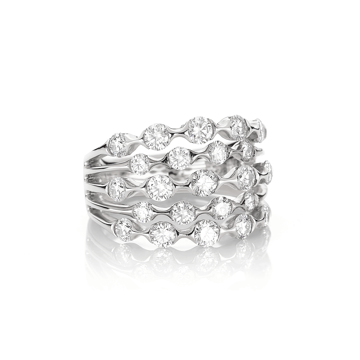 Wave 18k White Gold FIve Row Diamond 2.00 Total Weight Ring