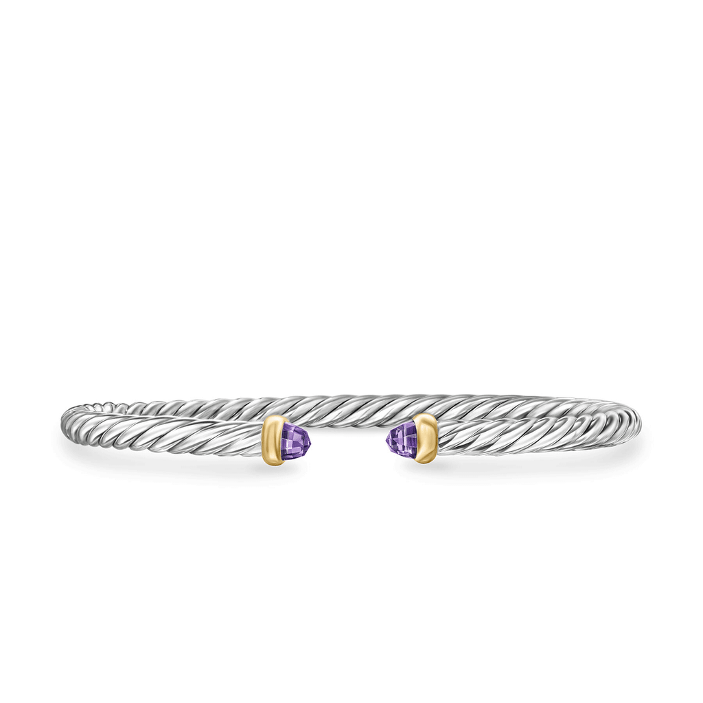 David Yurman Cable Flex Bracelet Sterling Silver with 14k Yellow Gold and Amethyst, 4mm