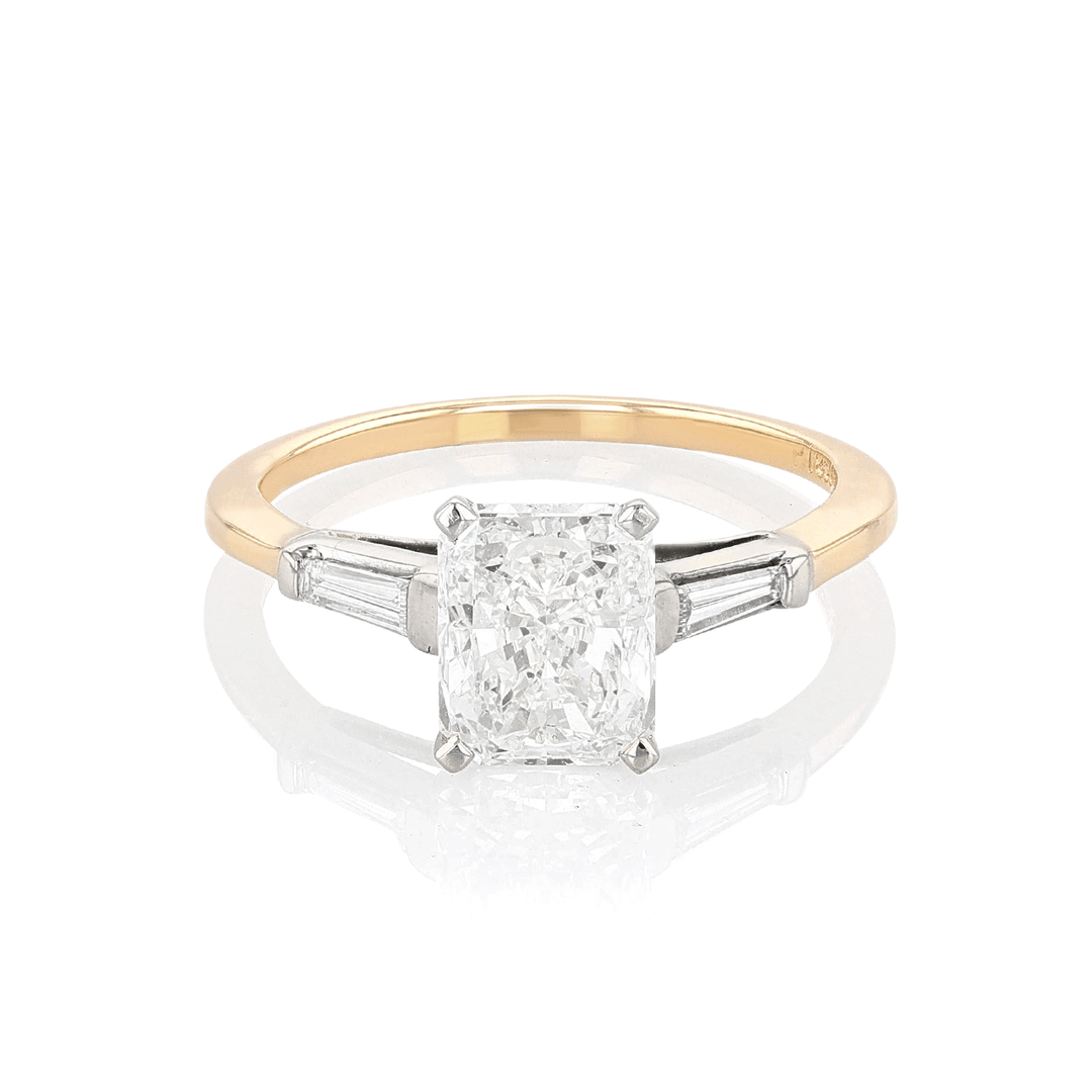 Platinum 14k Yellow Gold and 1.90 Total Weight Radiant Cut Diamond Three Stone Ring