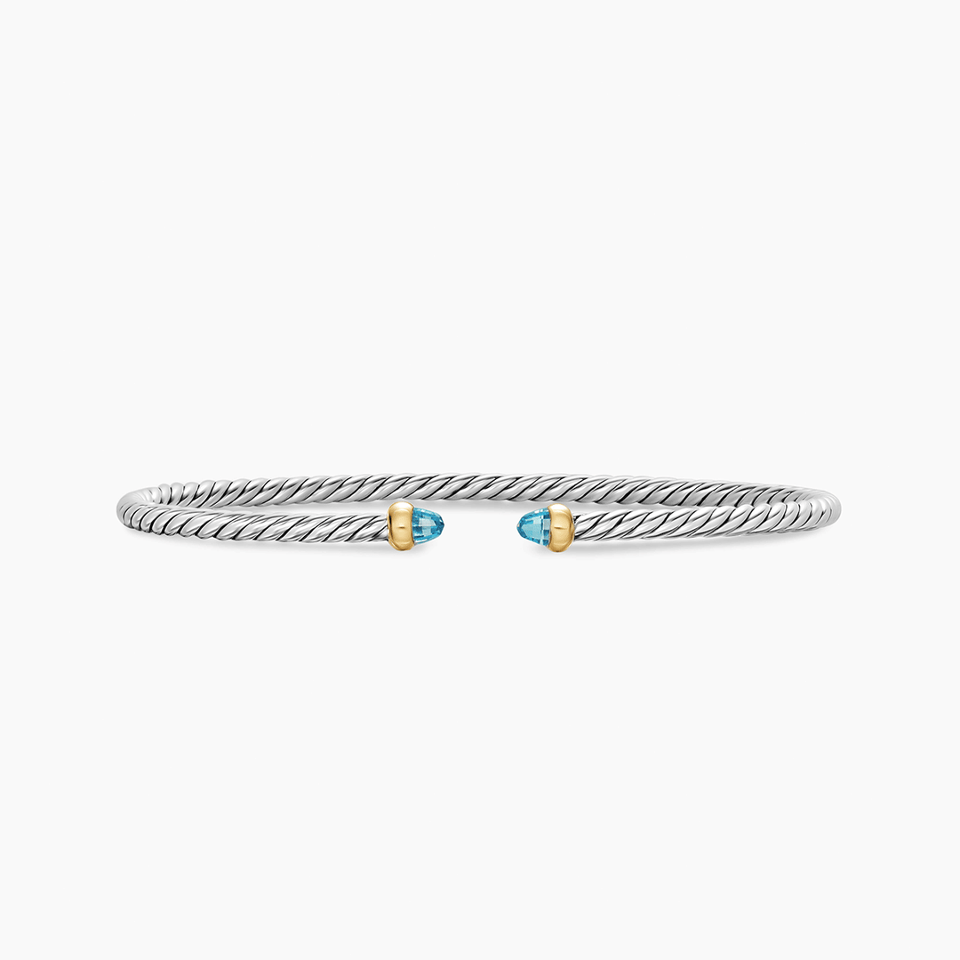 David Yurman Micro Cable Flex Bracelet Sterling Silver with 14k Yellow Gold and Blue Topaz, 2.6mm