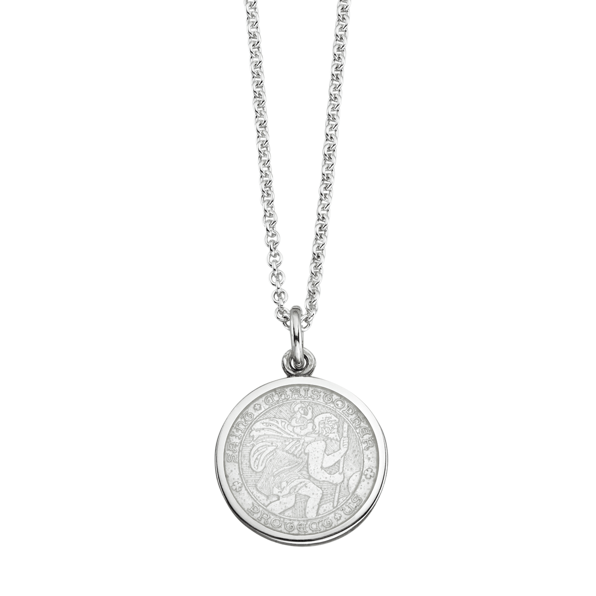 St. Christopher White Enamel Medal with Chain