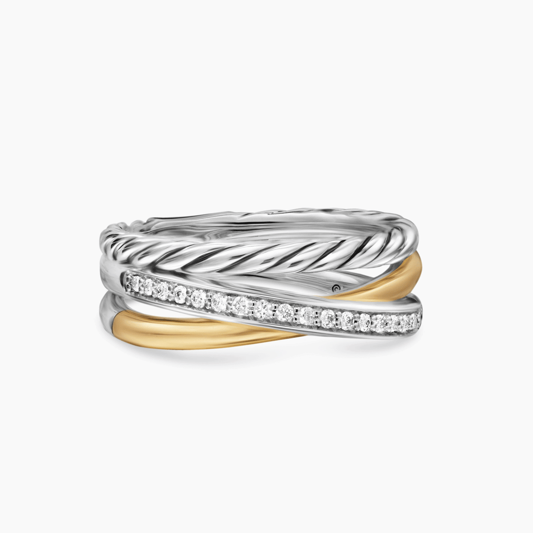David Yurman Crossover Three Row Ring Sterling Silver with 18k Yellow Gold and Diamonds, 7mm