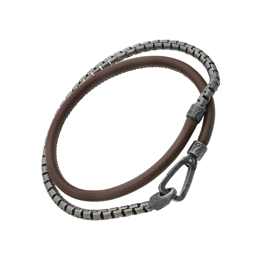 Hamilton Men's Collection Sterling Silver and Brown Leather Double Wrap Bracelet