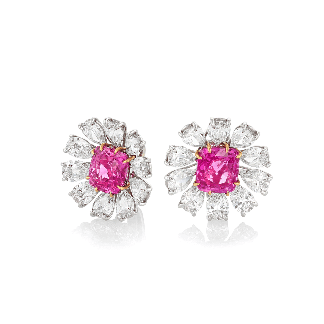 Platinum Cushion Shape Pink Sapphires 10.62 Total Weight and Diamond Earrings