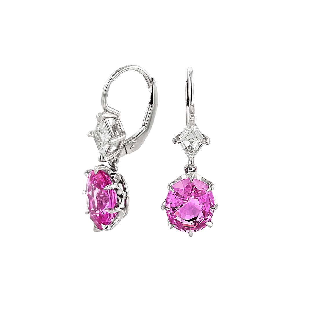 Platinum and Oval Pink Sapphire 6.09 Total Weight Drop Earrings