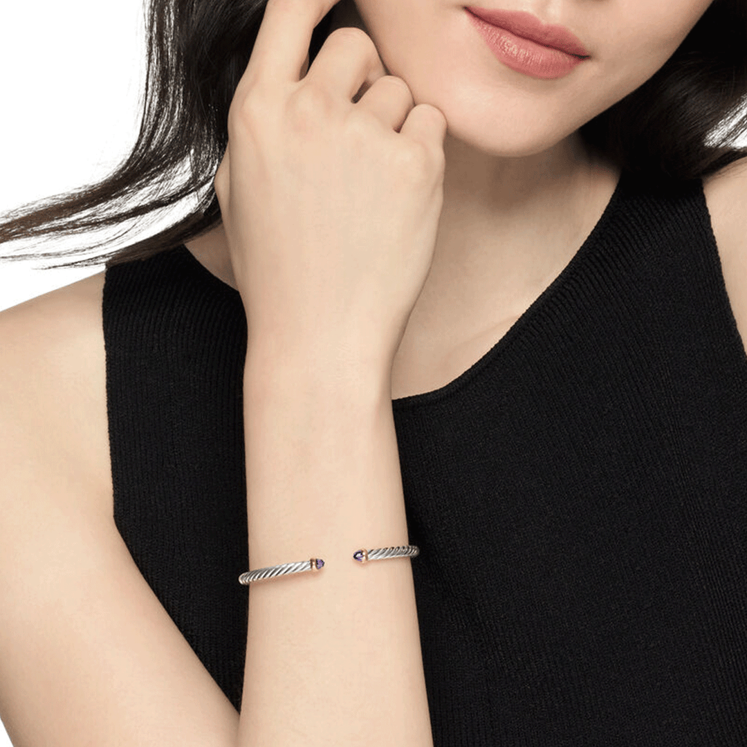 David Yurman Cable Flex Bracelet Sterling Silver with 14k Yellow Gold and Amethyst, 4mm