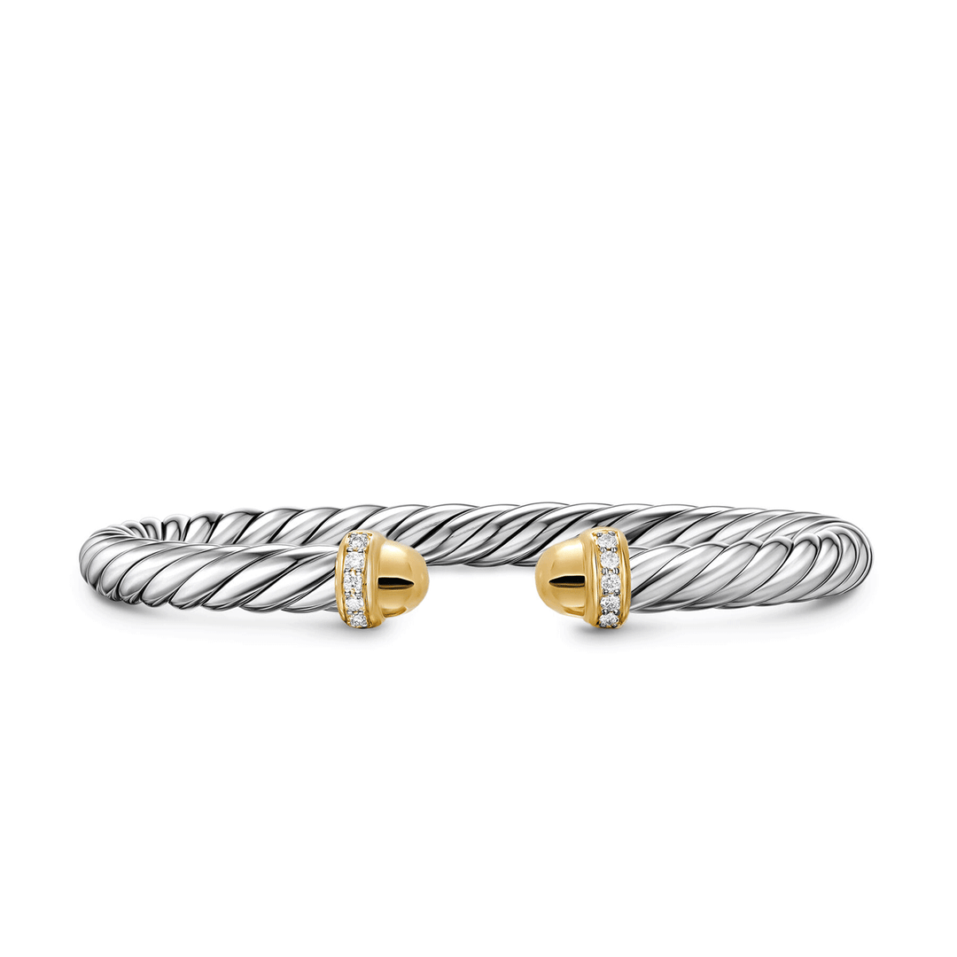 David Yurman Cable Flex Bracelet Sterling Silver with 14k Yellow Gold Domes and Diamonds, 6mm