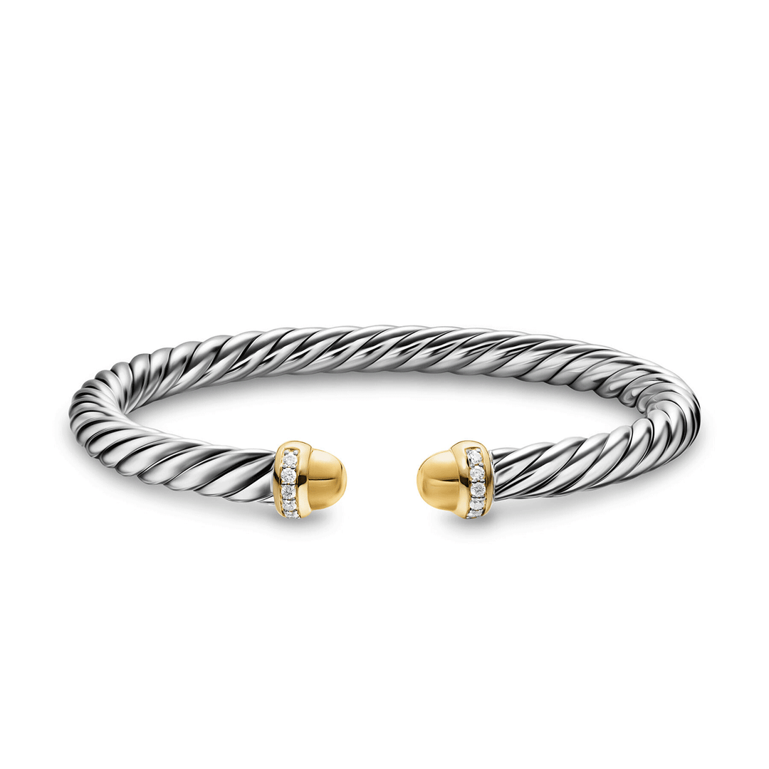 David Yurman Cable Flex Bracelet Sterling Silver with 14k Yellow Gold Domes and Diamonds, 6mm