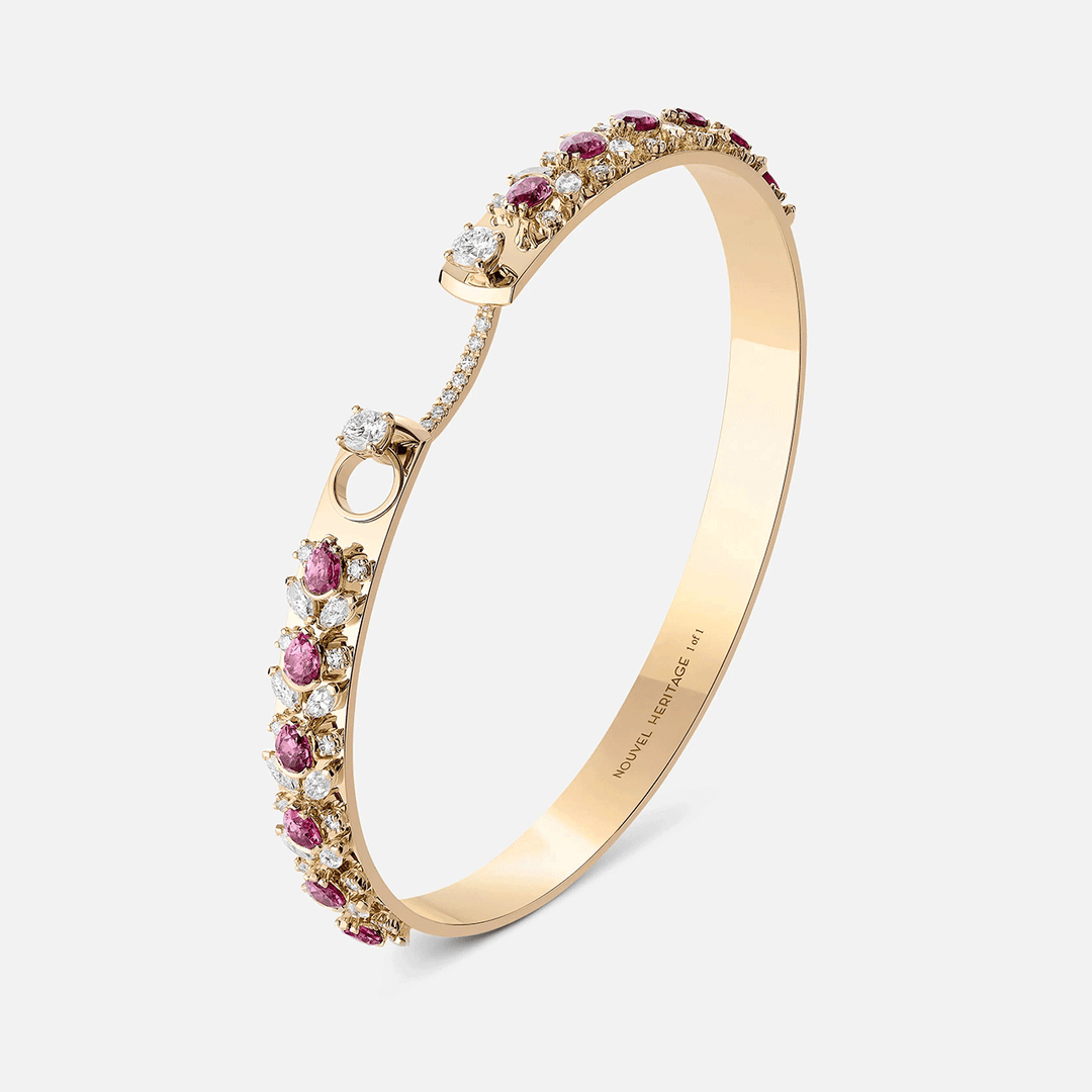 Nouvel Heritage 18k Yellow Gold Mood The Butterfly Keeper Diamond and Pink Tourmaline Bangle