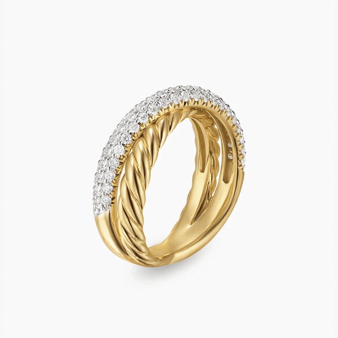 David Yurman Crossover Two Row Ring 18K Yellow Gold with Diamonds, 7.4mm