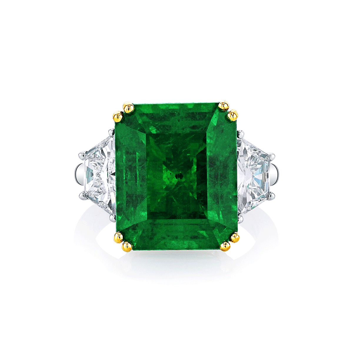 Platinum 18k Yellow Gold and 12.52 Total Weight Emerald Diamond Three Stone Ring