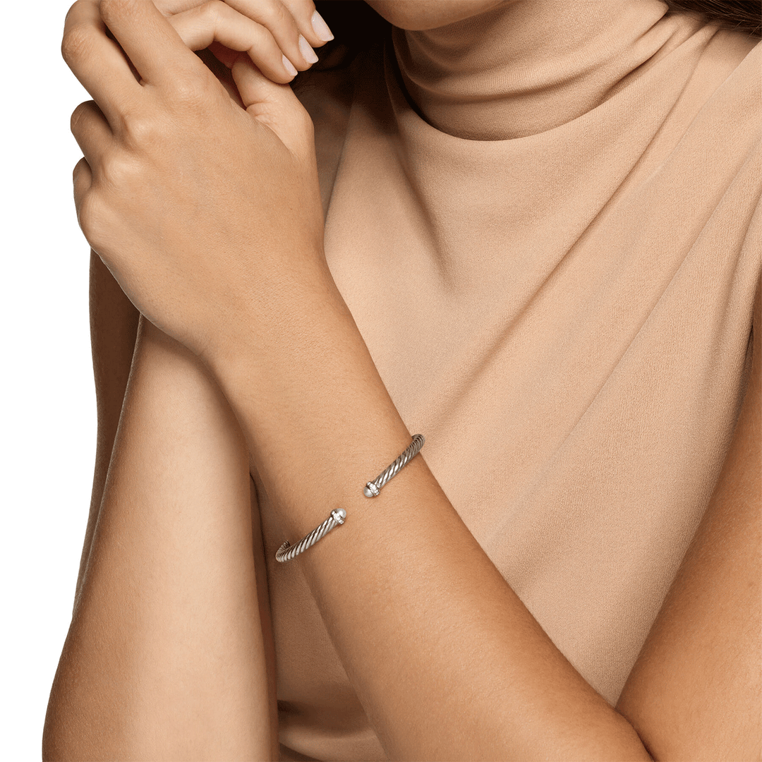 David Yurman Cablespira Flex Bracelet Sterling Silver with Pearls and Diamonds, 4mm