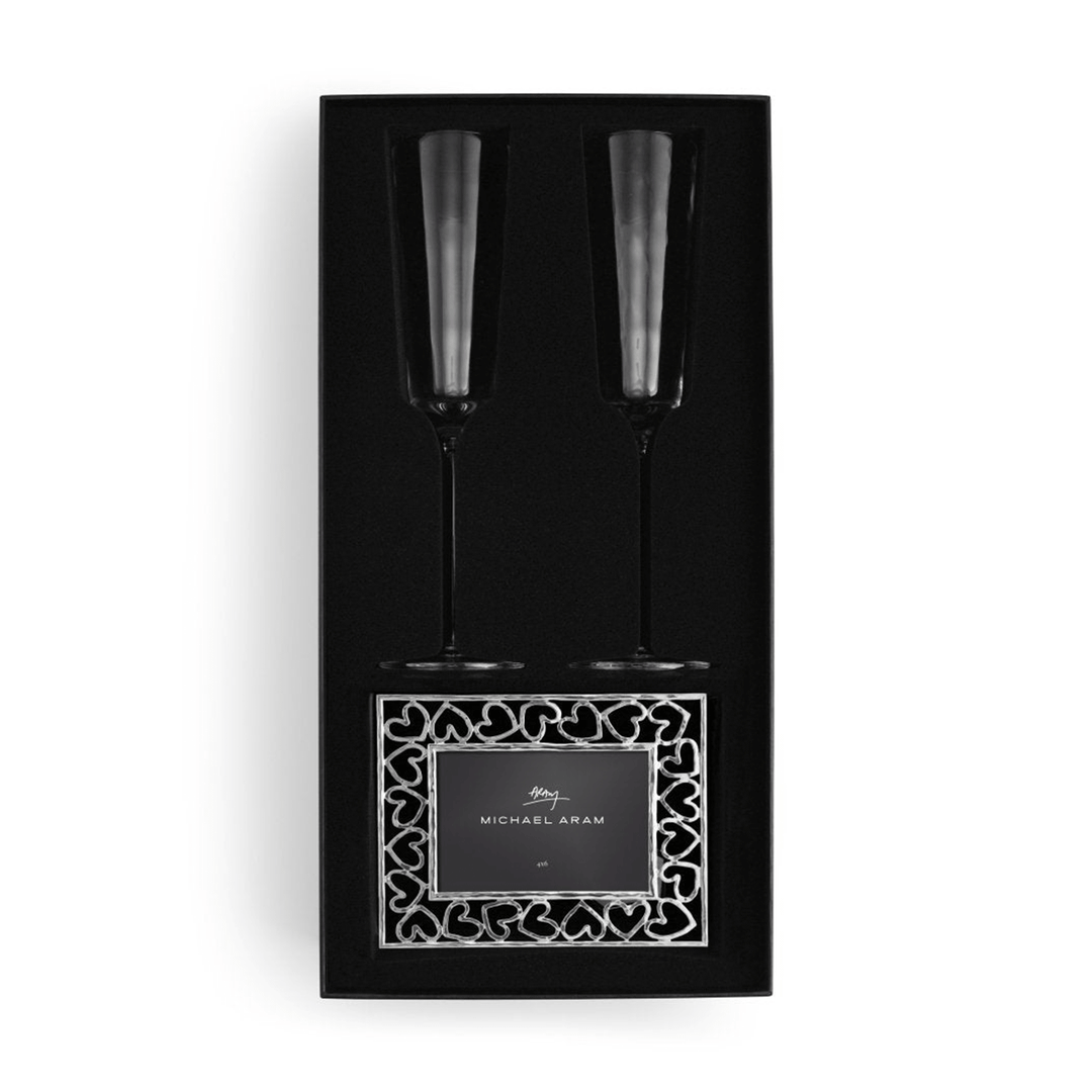 Michael Aram Reflective Champagne Flute & Heart Frame 3.5" x 5" Packaged Gift Set