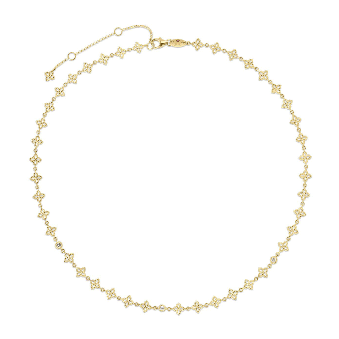 Roberto Coin Principessa 18k Yellow Gold Diamond Flower Link 17 Inch Necklace