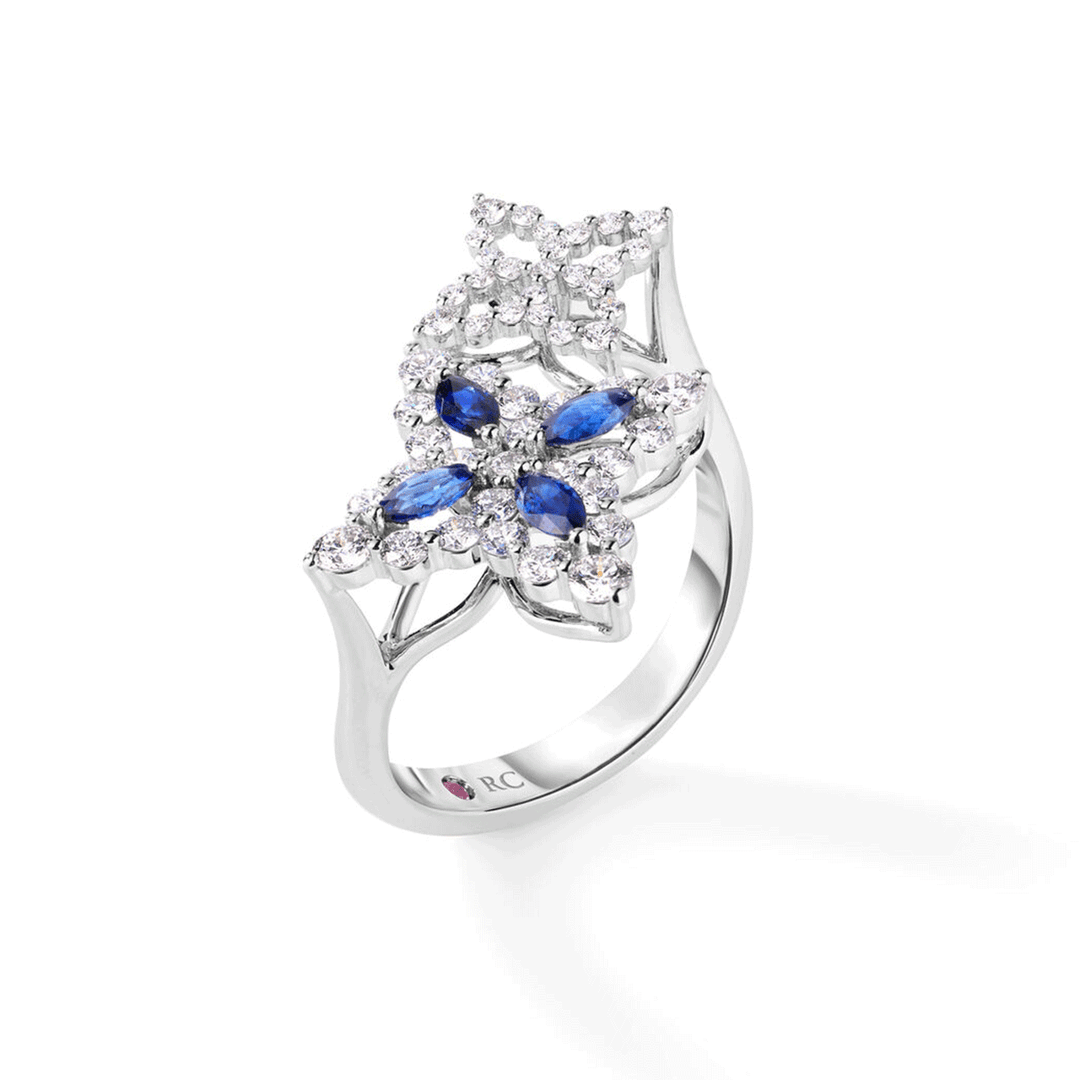Roberto Coin Venetian Princess 18k White Gold Sapphire and Diamond Flower Ring
