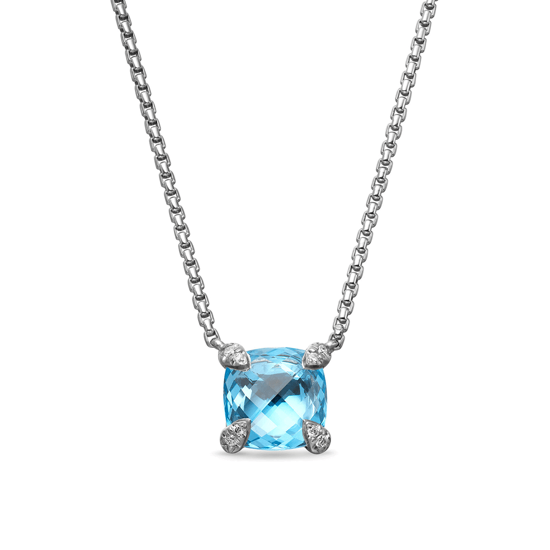 David Yurman Petite Chatelaine Pendant Necklace Sterling Silver with Blue Topaz and Diamonds, 9mm