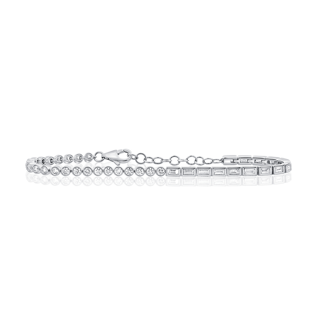 14k White Gold Round and Baguette Diamond Bracelet