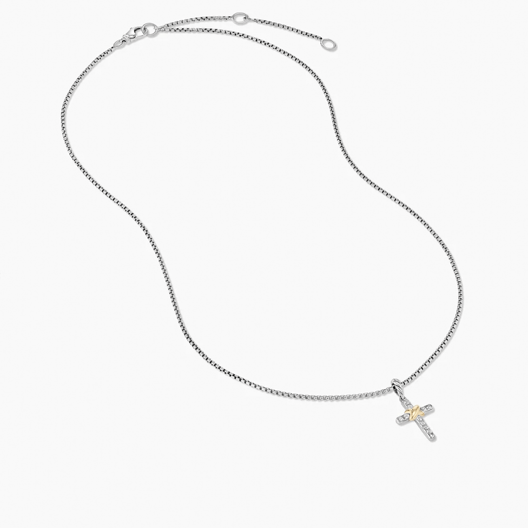 David Yurman Petite Cross Necklace Sterling Silver with 18k Yellow Gold with Diamonds, 20.8mm