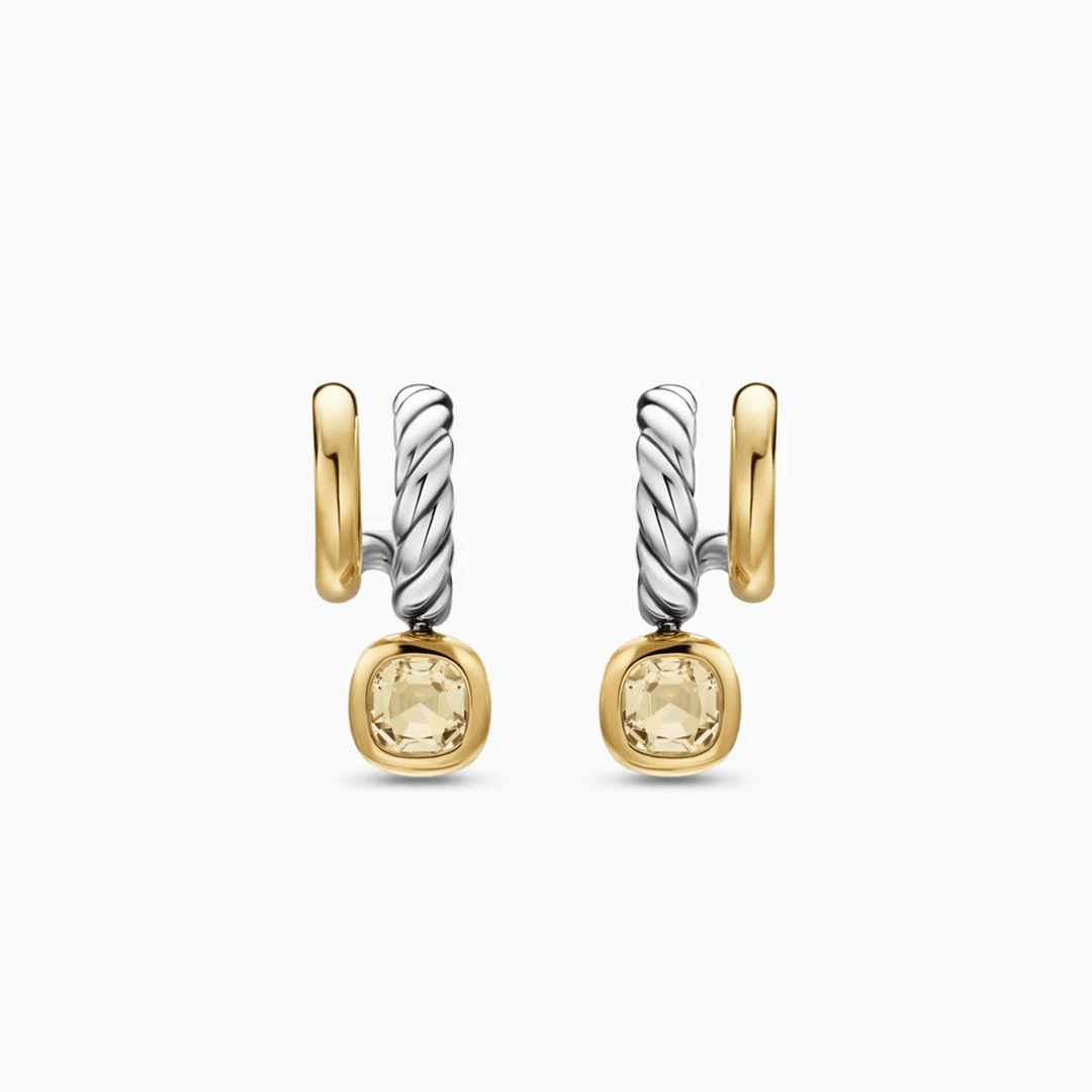 David Yurman DY Mercer® Color Two Row Drop Earrings Sterling Silver with 18K Yellow Gold and Champagne Citrine, 19.5mm