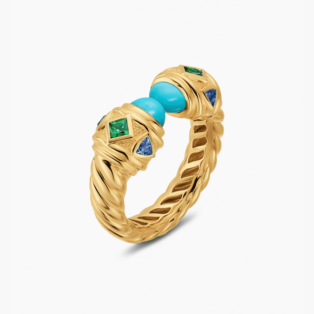 David Yurman Renaissance® Color Ring 18K Yellow Gold with Turquoise, Tsavorite and Tanzanite, 10mm