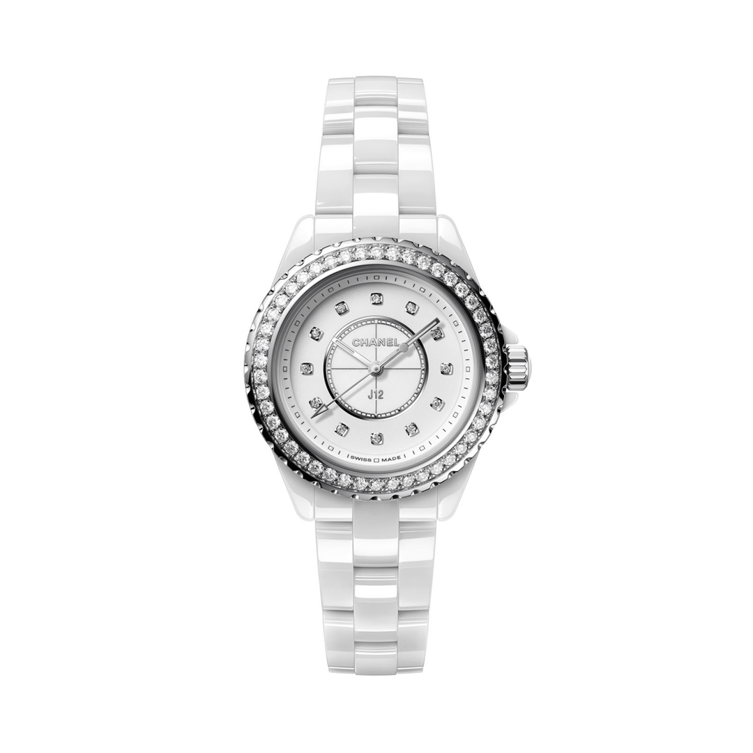 Chanel 12 Watch 33mm White Ceramic Steel Diamond Bezel and Indicator Watch H6418