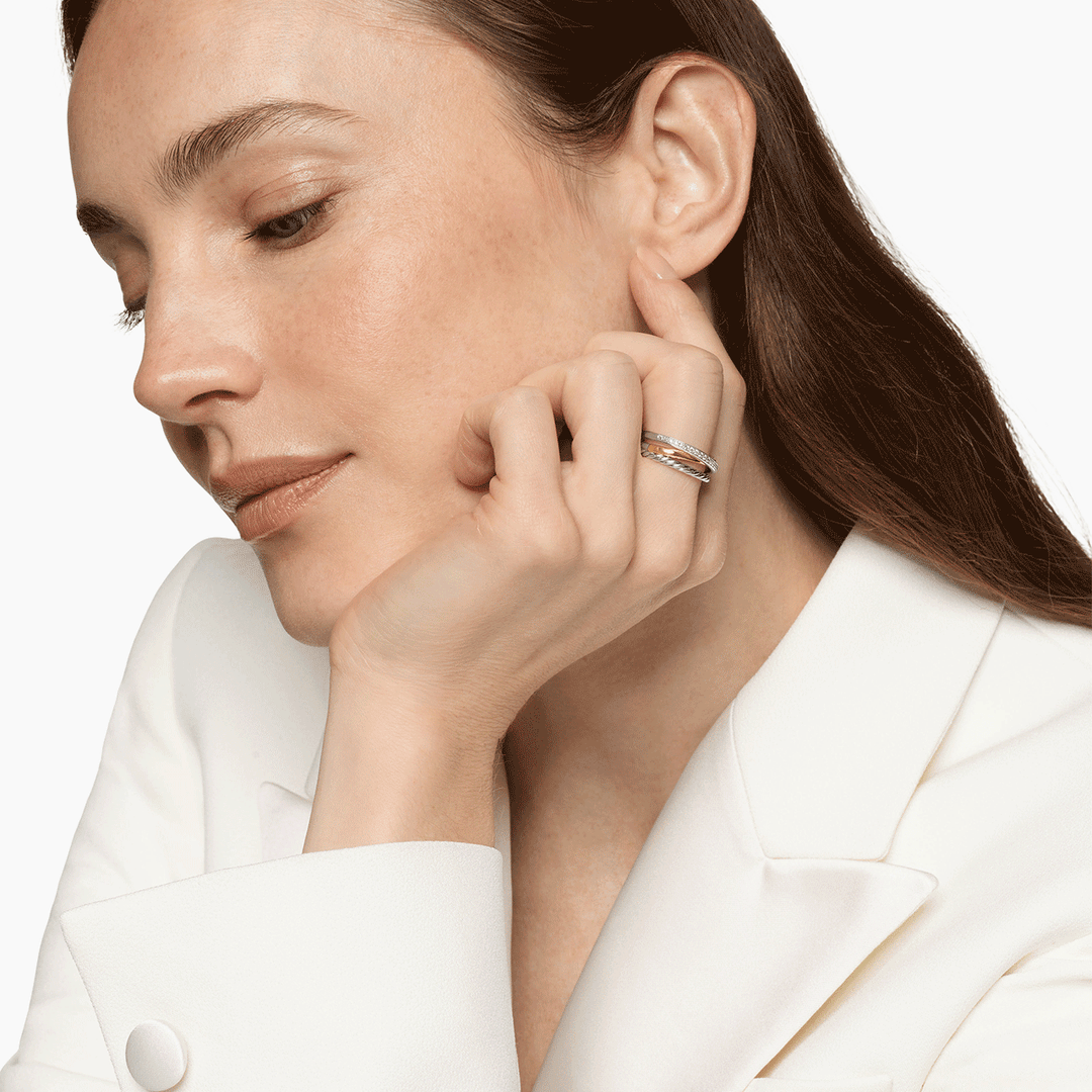 David Yurman Crossover Three Row Ring Sterling Silver with 18k Yellow Gold and Diamonds, 7mm