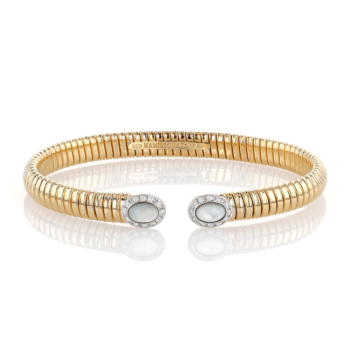 Hamilton 1970's Collection 18k Yellow Gold and 0.19 Total Weight Diamond Mother of Pearl Woven Cobra Bracelet