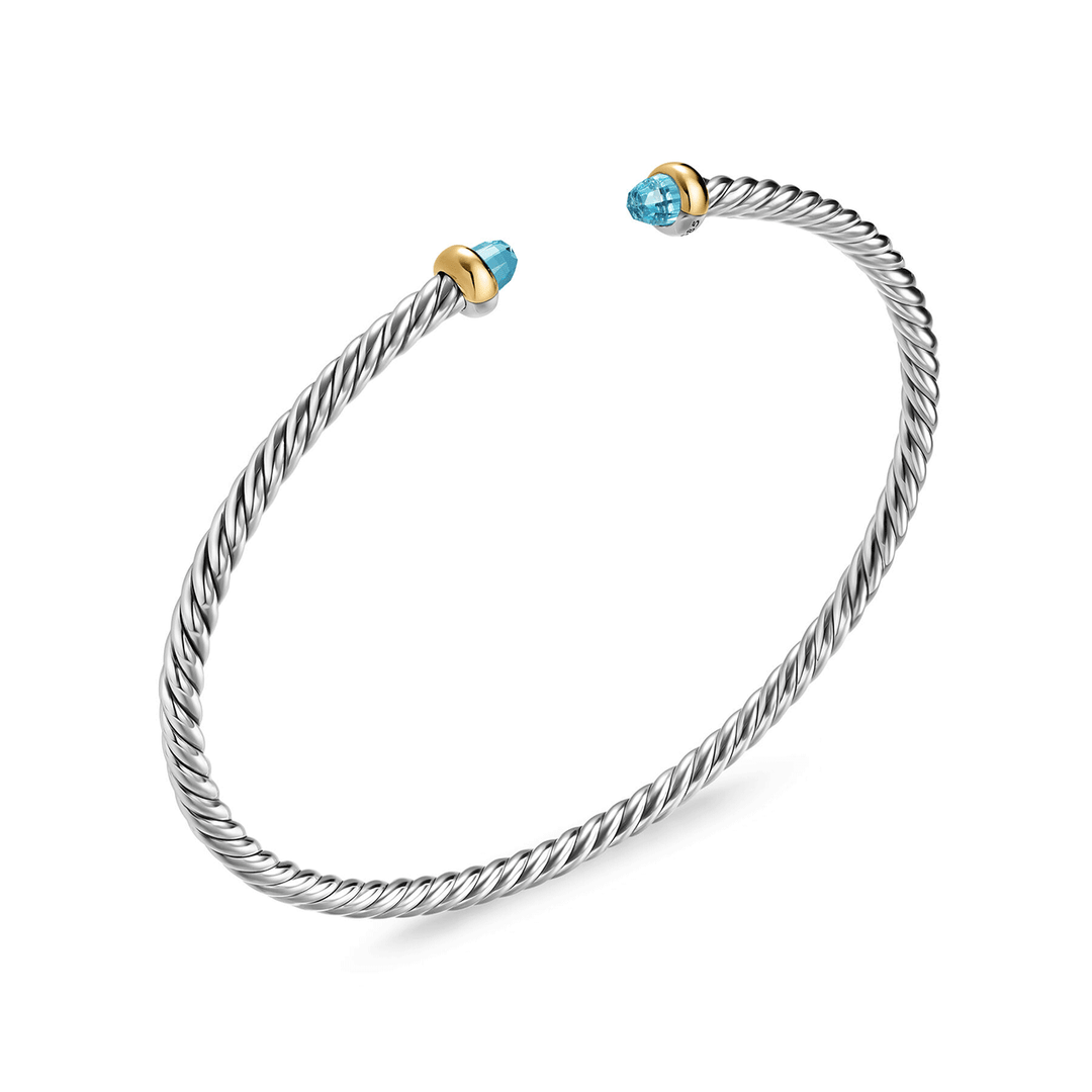 David Yurman Micro Cable Flex® Bracelet in Sterling Silver with 14K Yellow Gold and Blue Topaz