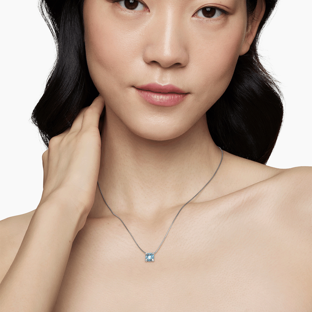 David Yurman Petite Chatelaine Pendant Necklace Sterling Silver with Blue Topaz and Diamonds, 9mm