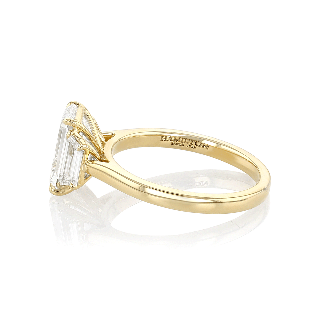 18k Yellow Gold and 2.20 Total Weight Emerald Cut Diamond Three Stone Ring