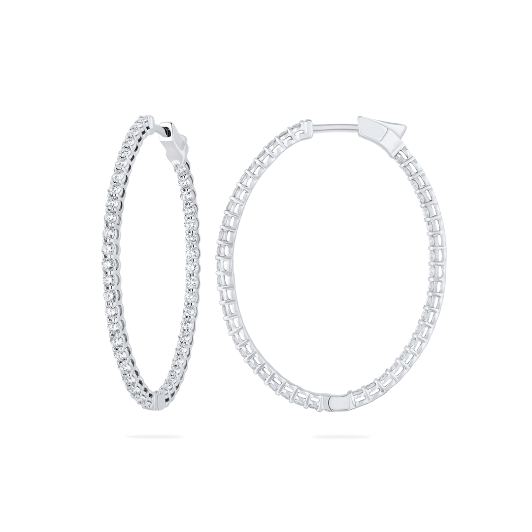 18k White Gold 2 Inch 3.10 Total Weight Diamond Oval Hoops