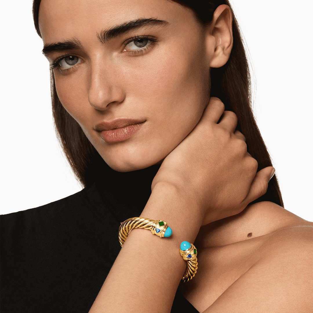 David Yurman Renaissance Cablespira Bracelet 18k Yellow Gold with Turquoise, Tsavorite and Tanzanite, 9mm
