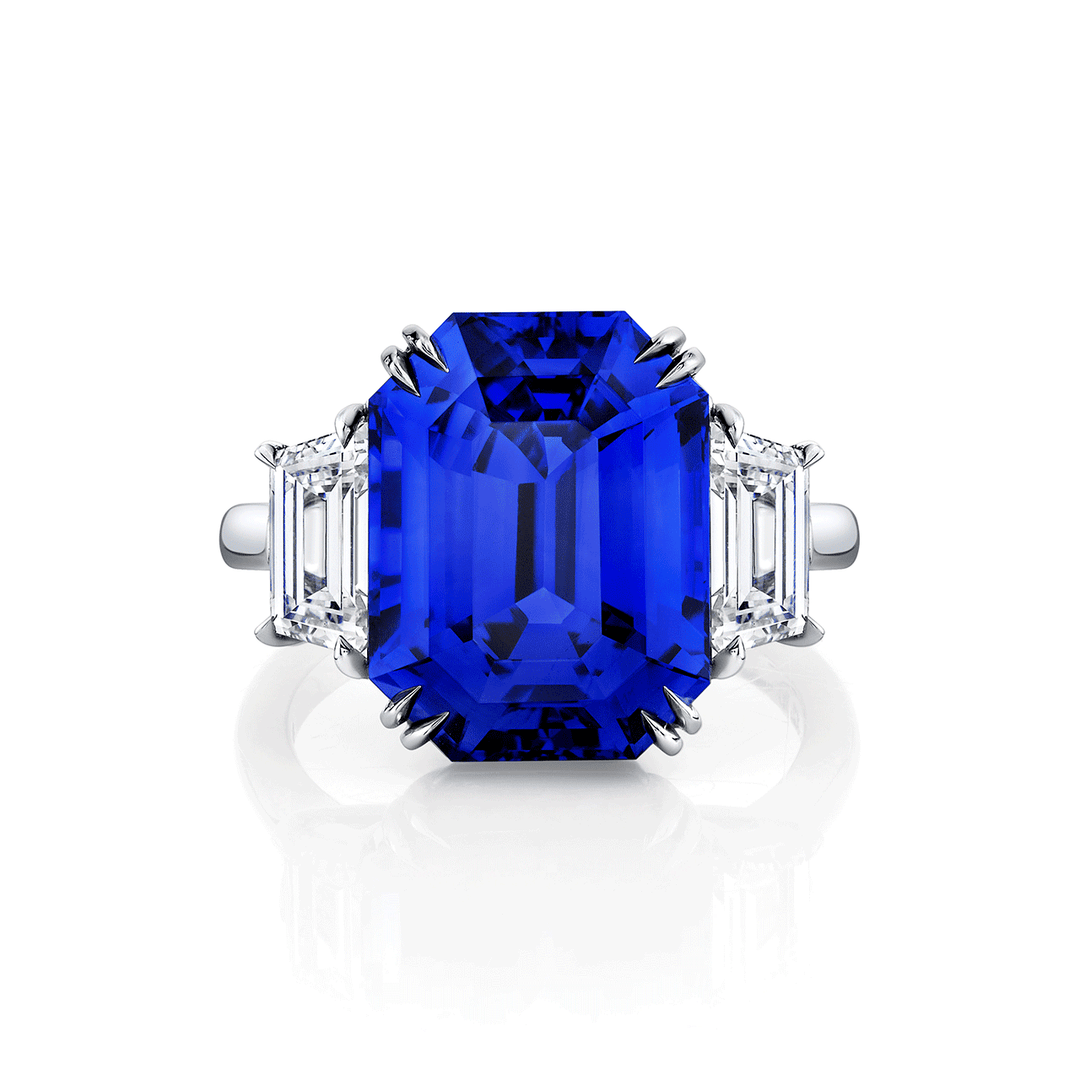 Hamilton Private Reserve Collection Platinum Sapphire 12.30 Total Weight and Trapezoid Diamond Ring