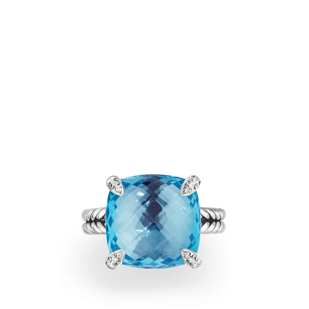 David Yurman Chatelaine Ring Sterling Silver with Blue Topaz and Diamonds, 14mm