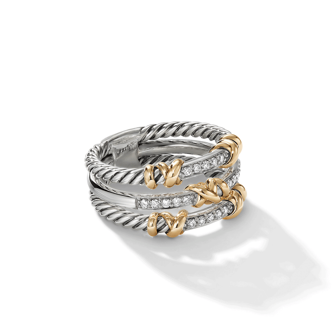 David Yurman Petite Helena Wrap Three Row Ring Sterling Silver with 18k Yellow Gold and Diamonds, 12mm