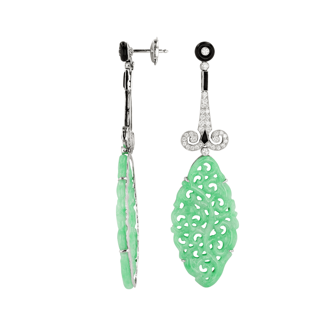 Hamilton Heritage Collection Platinum Carved Jade and Diamond Earrings