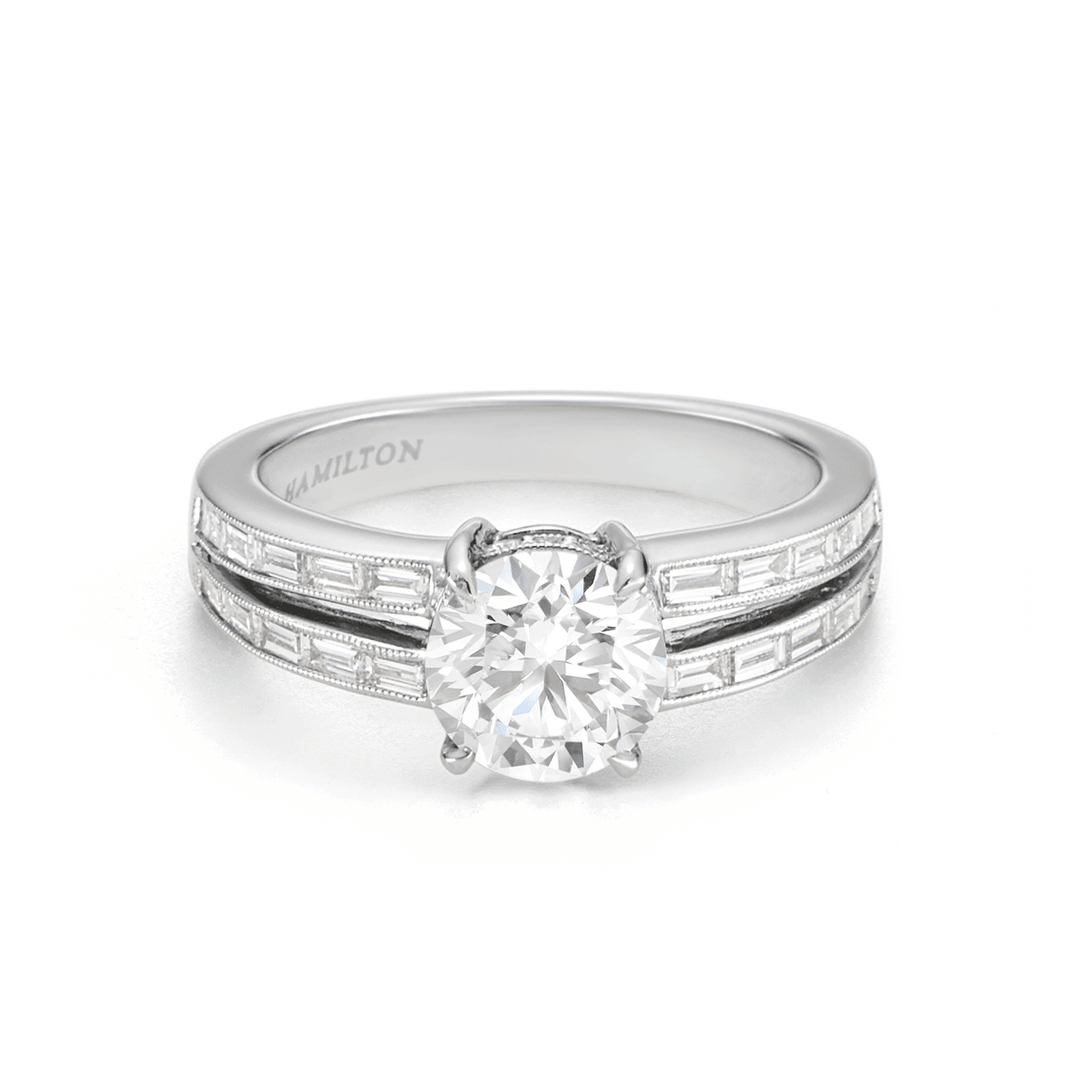 1912 Platinum Round and Baguette Diamond Mounting Engagement Ring