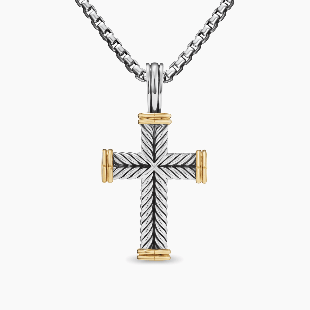 David Yurman Chevron Cross Pendant Sterling Silver with 18k Yellow Gold, 33mm