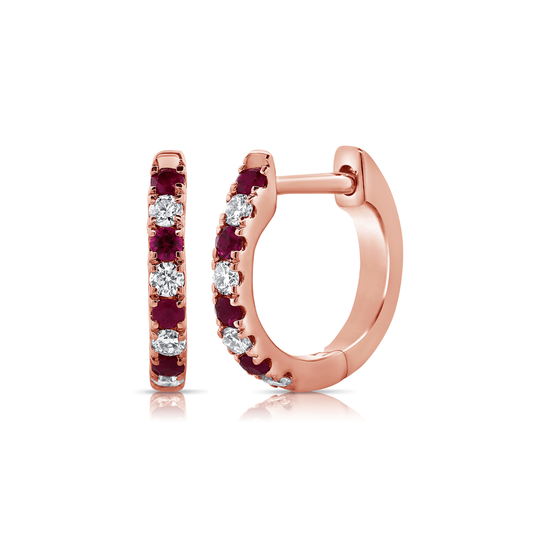 14k Rose Gold Alternating Ruby and Diamond Hoops