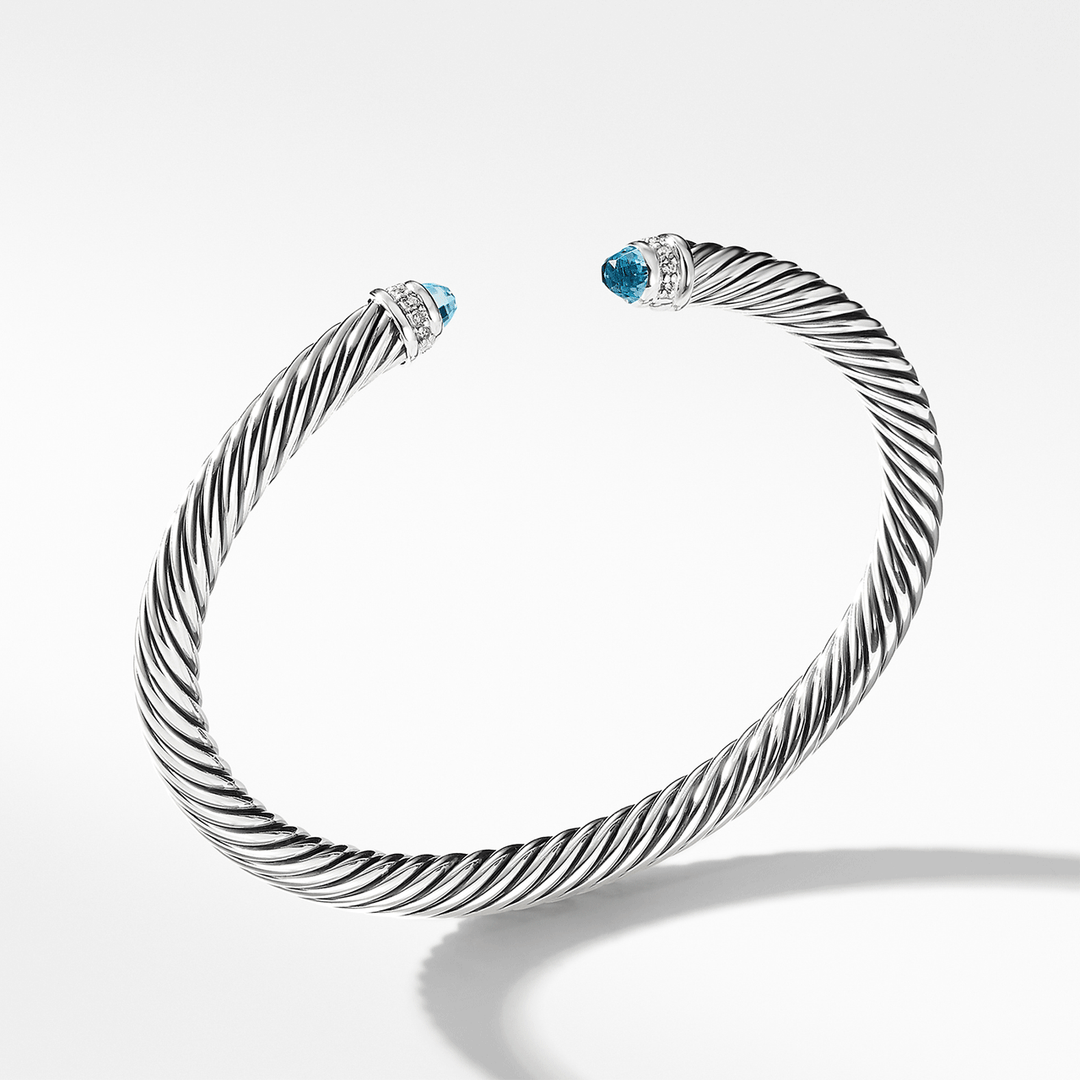 David Yurman Classic Cable Bracelet Sterling Silver with Blue Topaz and Diamonds, 5mm