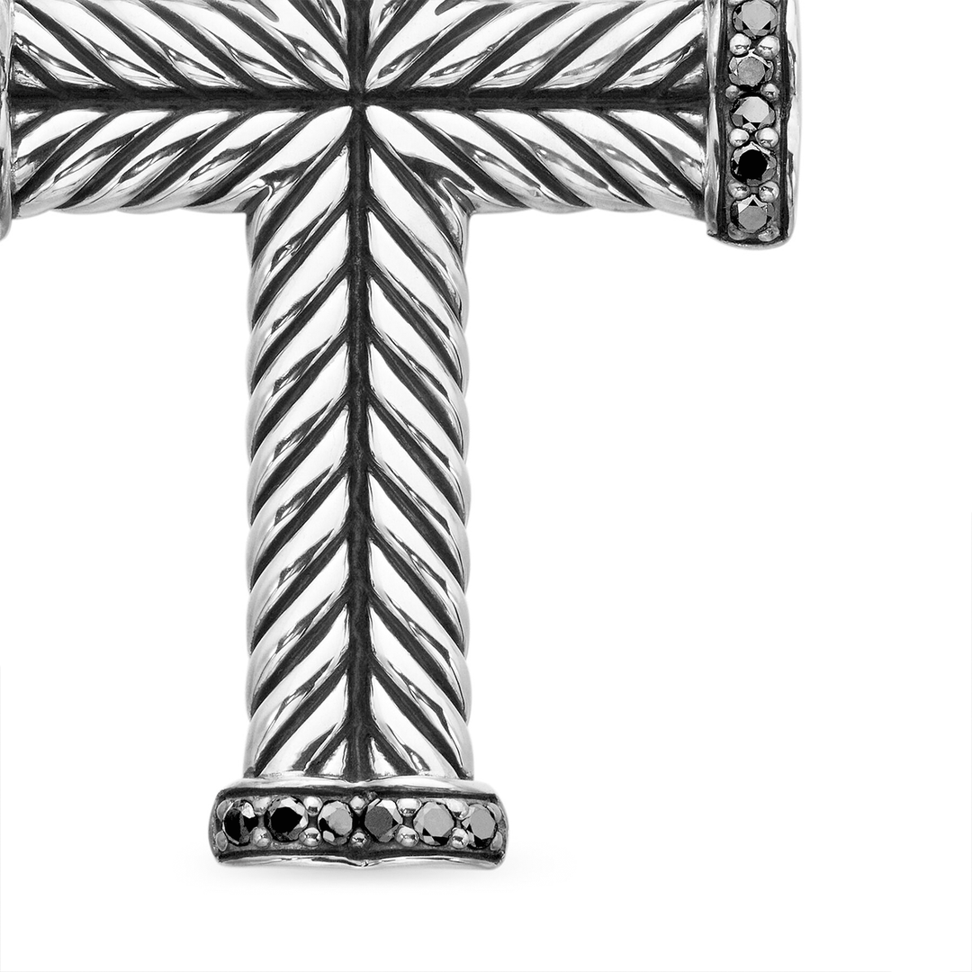 David Yurman Chevron Cross Pendant Sterling Silver with Black Diamonds, 33mm