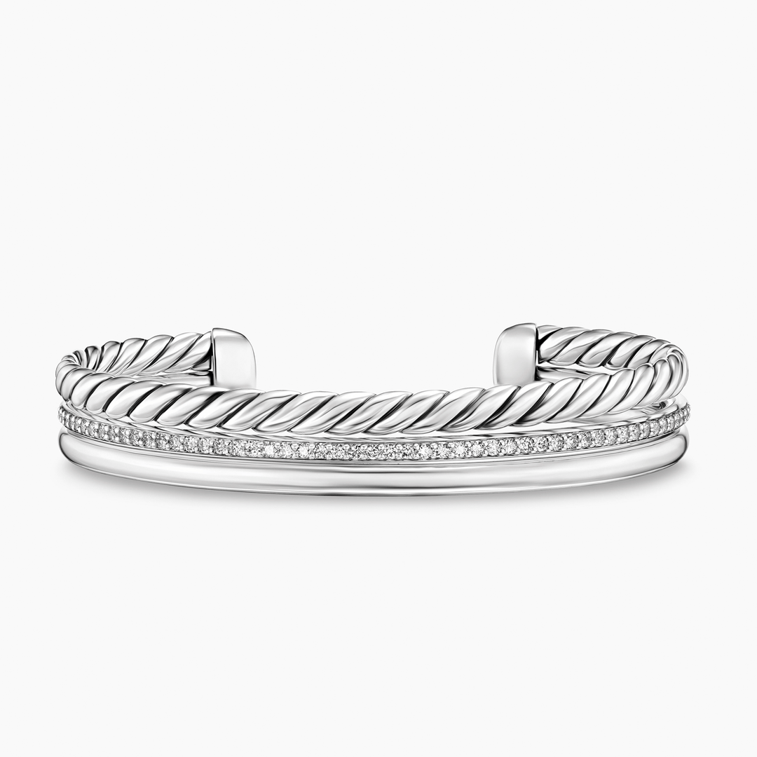 David Yurman Mercer Three Row Cuff Bracelet Sterling Silver with Diamonds, 10.4mm