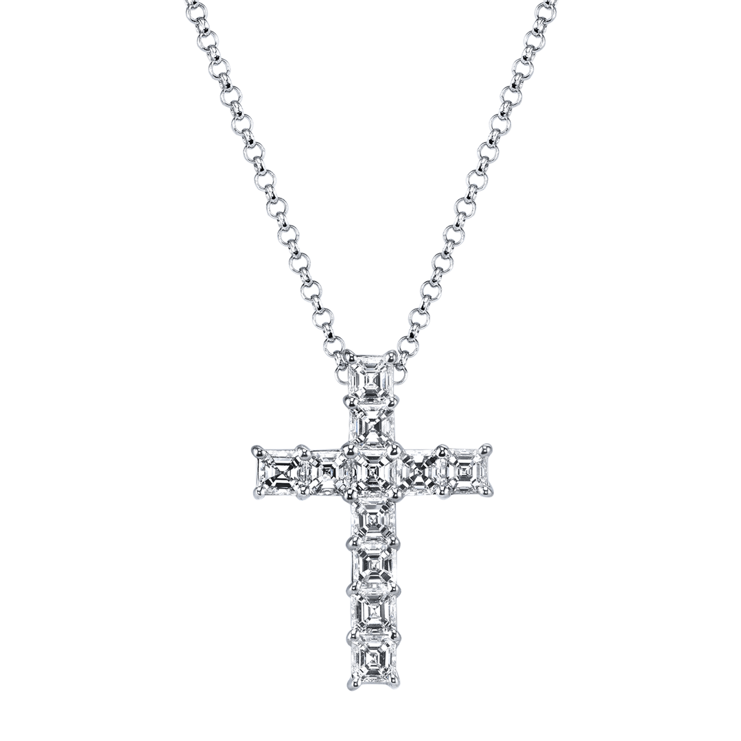 Platinum and Asscher Cut Diamond 2.09 Total Weight Cross Pendant