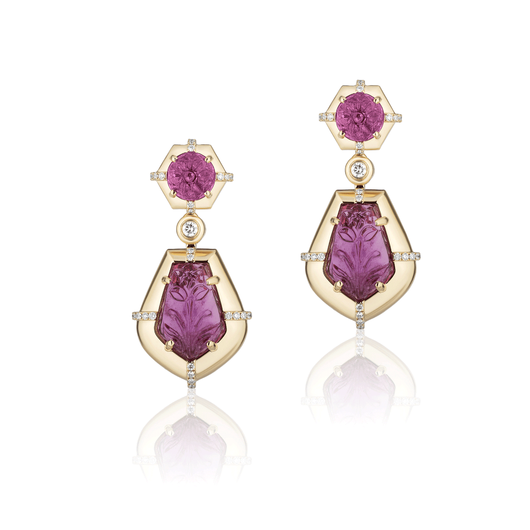 Goshwara G-One 18k Yellow Gold and Rubelite Drop Earrings