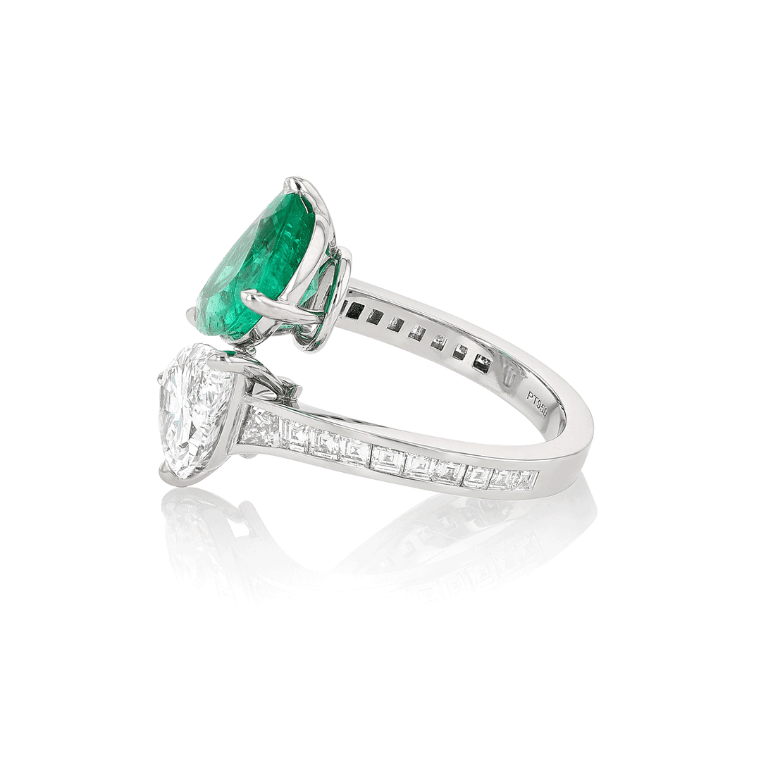 Platinum Pear Shape Emerald 3.54 Total Weight and Diamond By Pass Ring