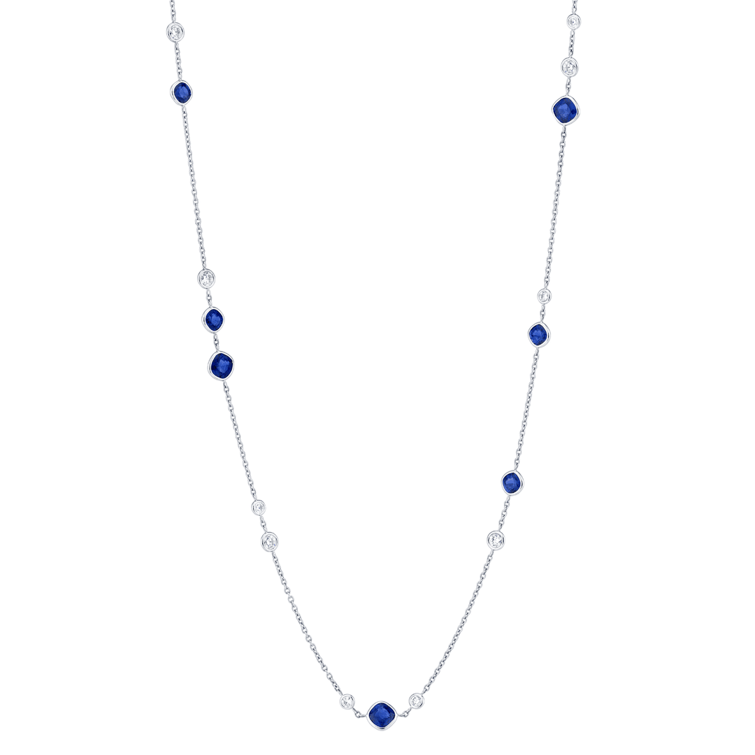 Platinum Cushion Sapphire 5.00 Total Weight and Diamond Necklace