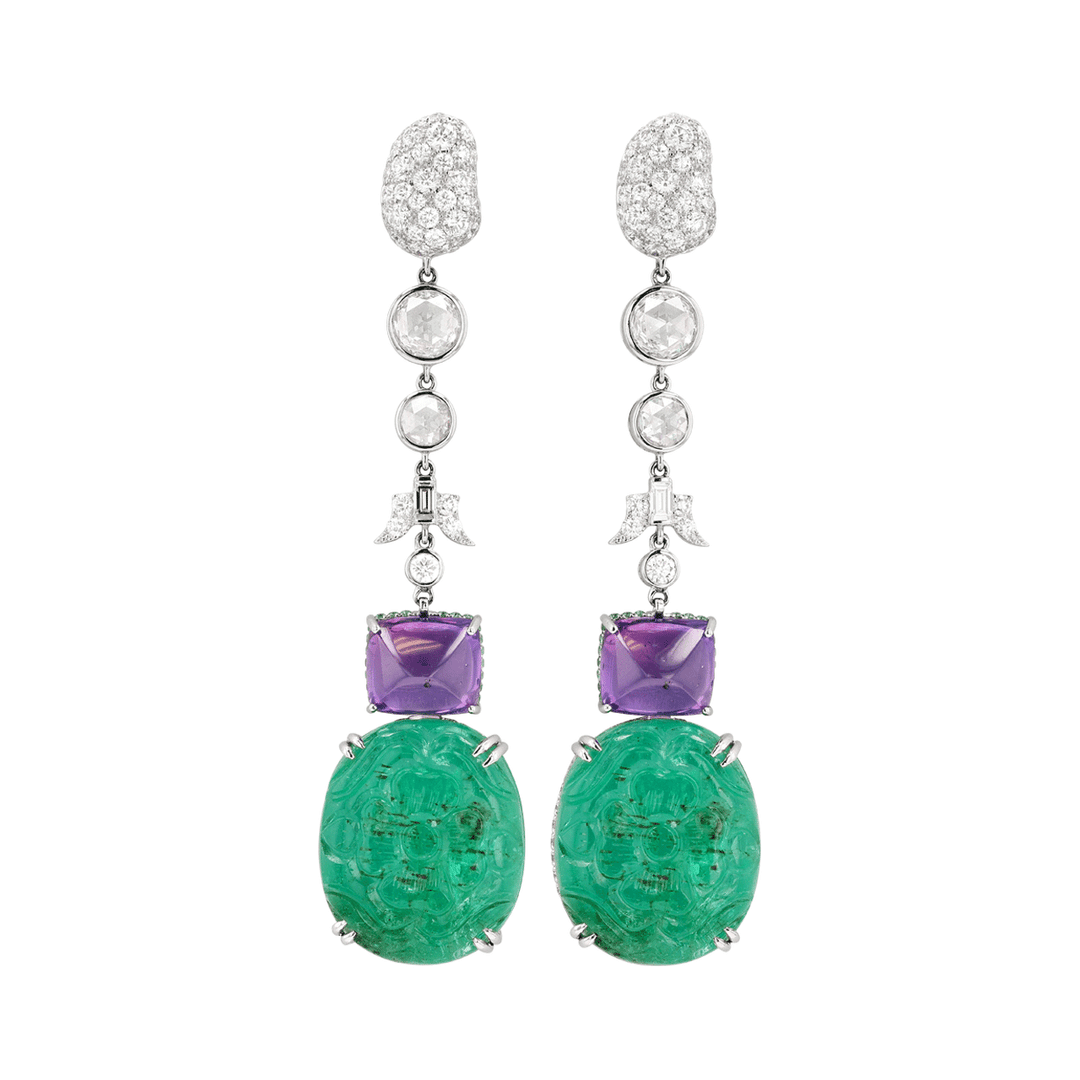 Hamilton Private Reserve 18k Gold Emerald 28.98 Total Weight and Purple Sapphire Drop Earrings