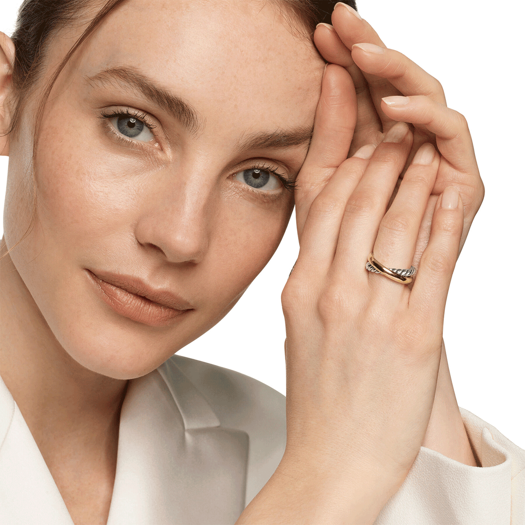 David Yurman Crossover Two Row Ring Sterling Silver with 14k Yellow Gold, 7.5mm