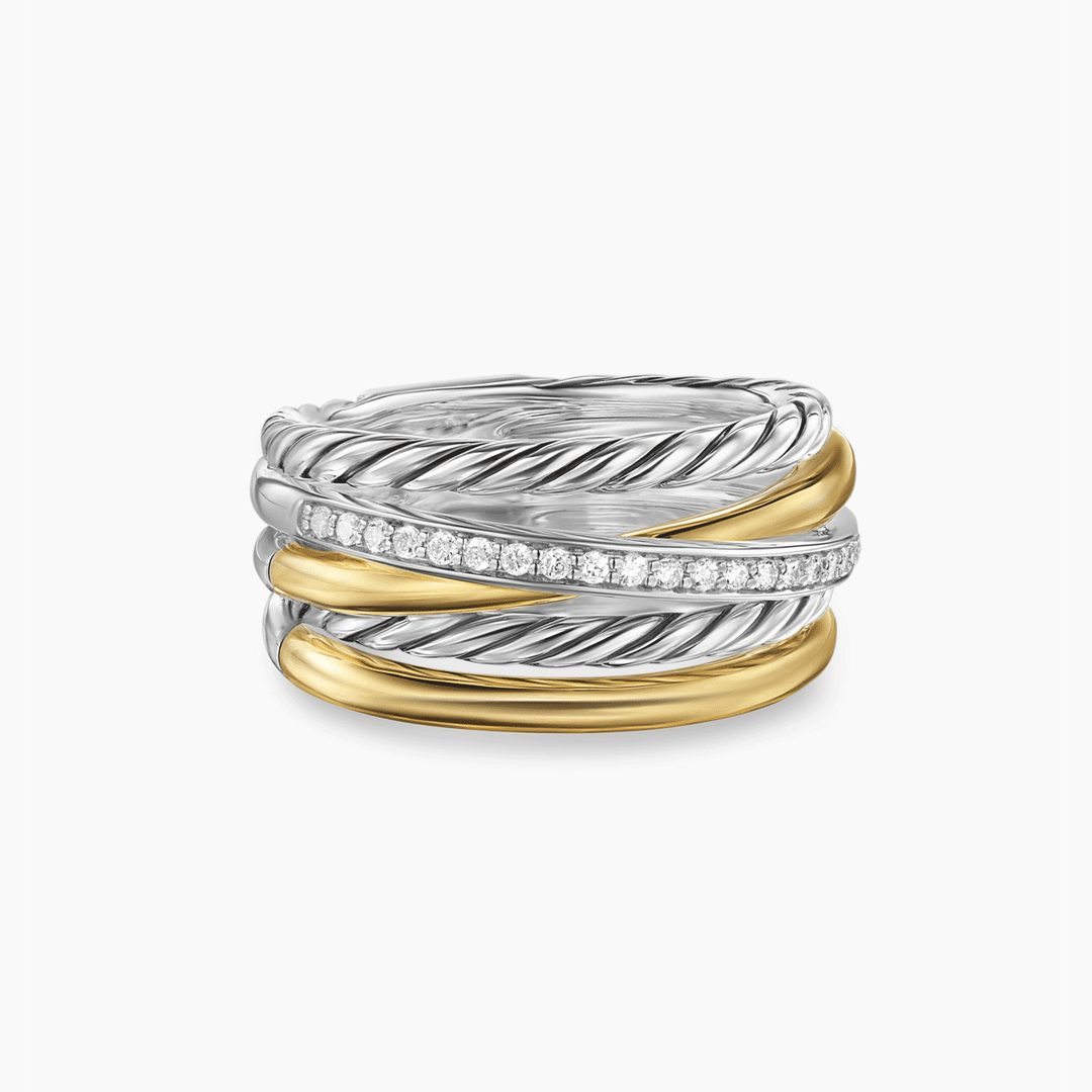 David Yurman Crossover Five Row Ring Sterling Silver with 18k Yellow Gold and Diamonds, 11mm